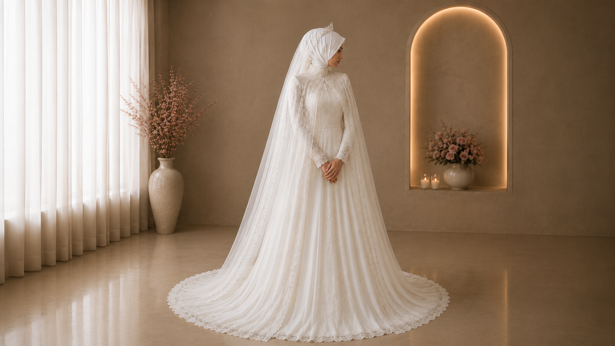 Woman in a white wedding dress standing in a room with a neutral color palette.