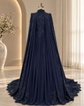 Amal navy cape Muslim wedding dress with beaded high neckline and long sleeves, front view on a dress form