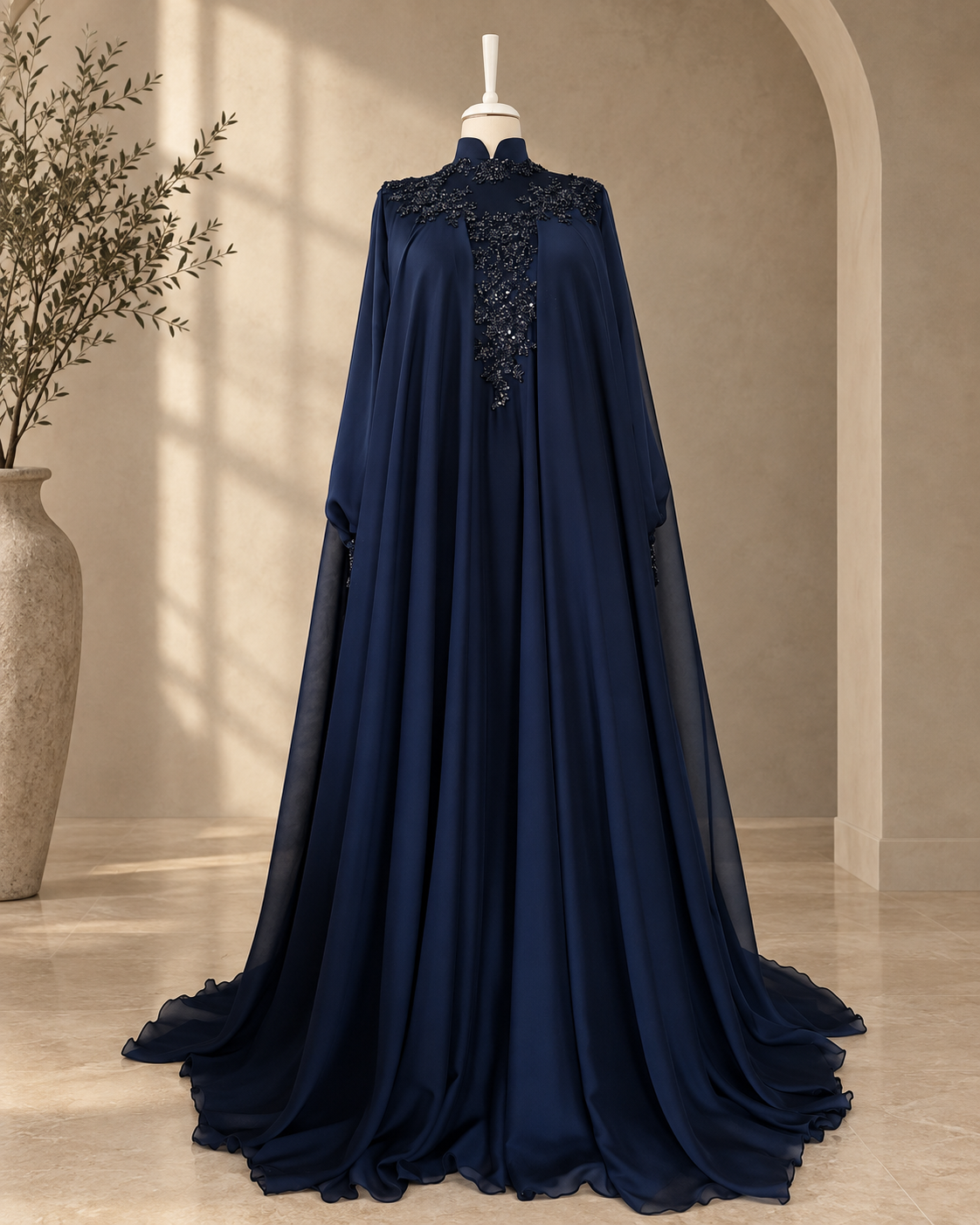 Dina navy modest gown with mandarin collar, black beaded yoke and long chiffon cape sleeves, full length with train