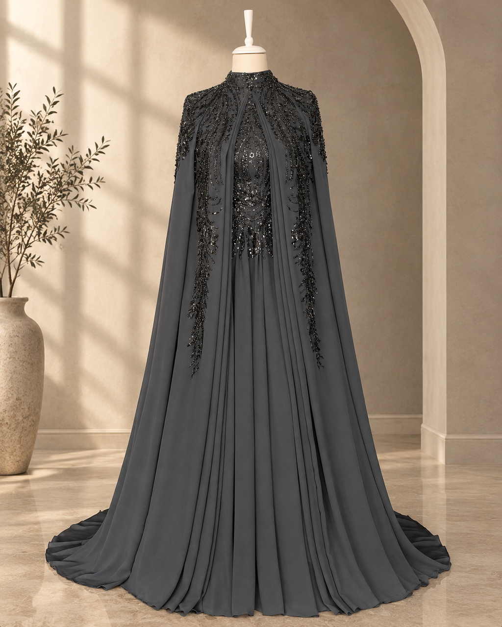 Selma charcoal grey modest gown with black beaded shoulders, open pleated cape and beaded bodice, full length with train