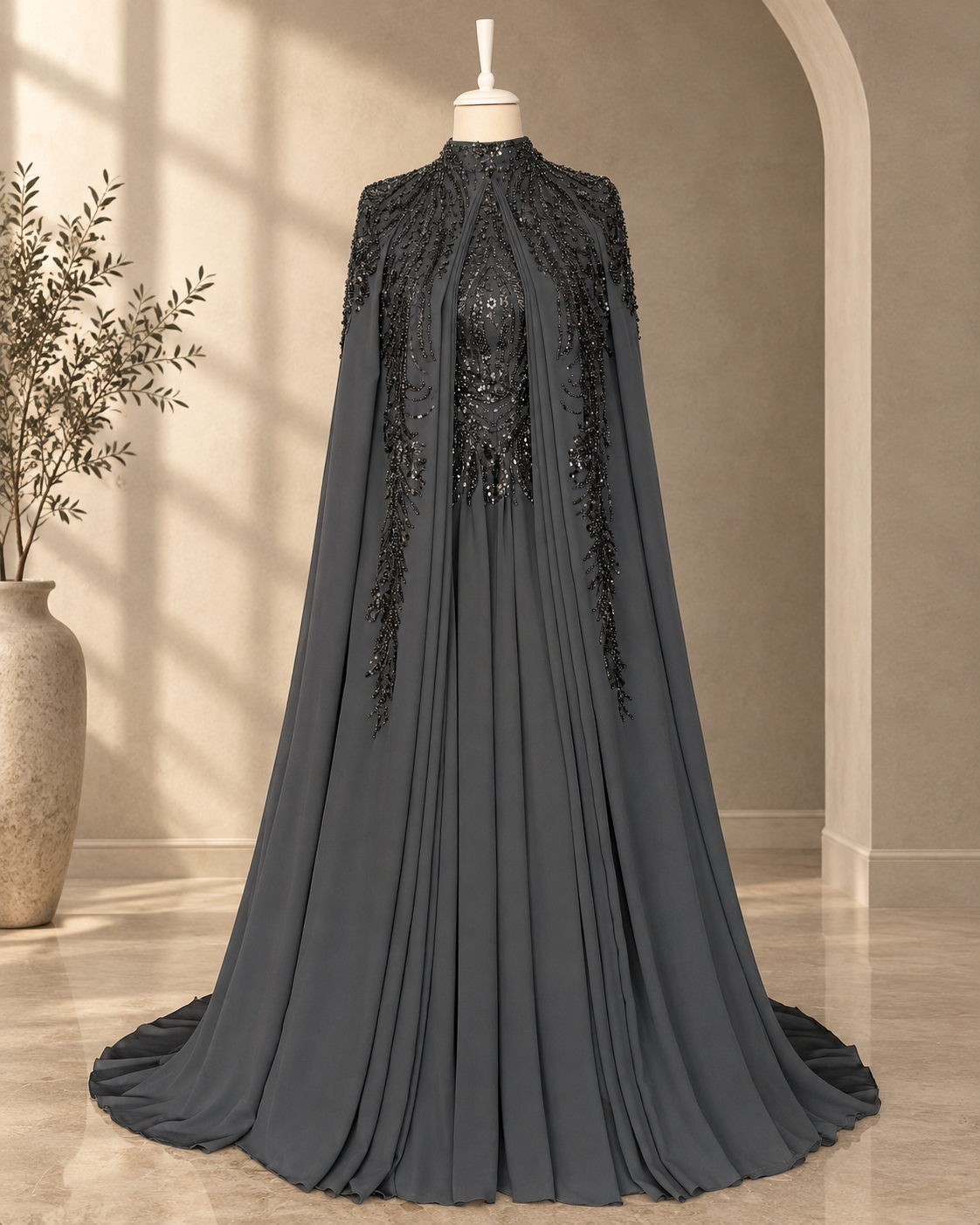 Selma charcoal grey modest gown with black beaded shoulders, open pleated cape and beaded bodice, full length with train