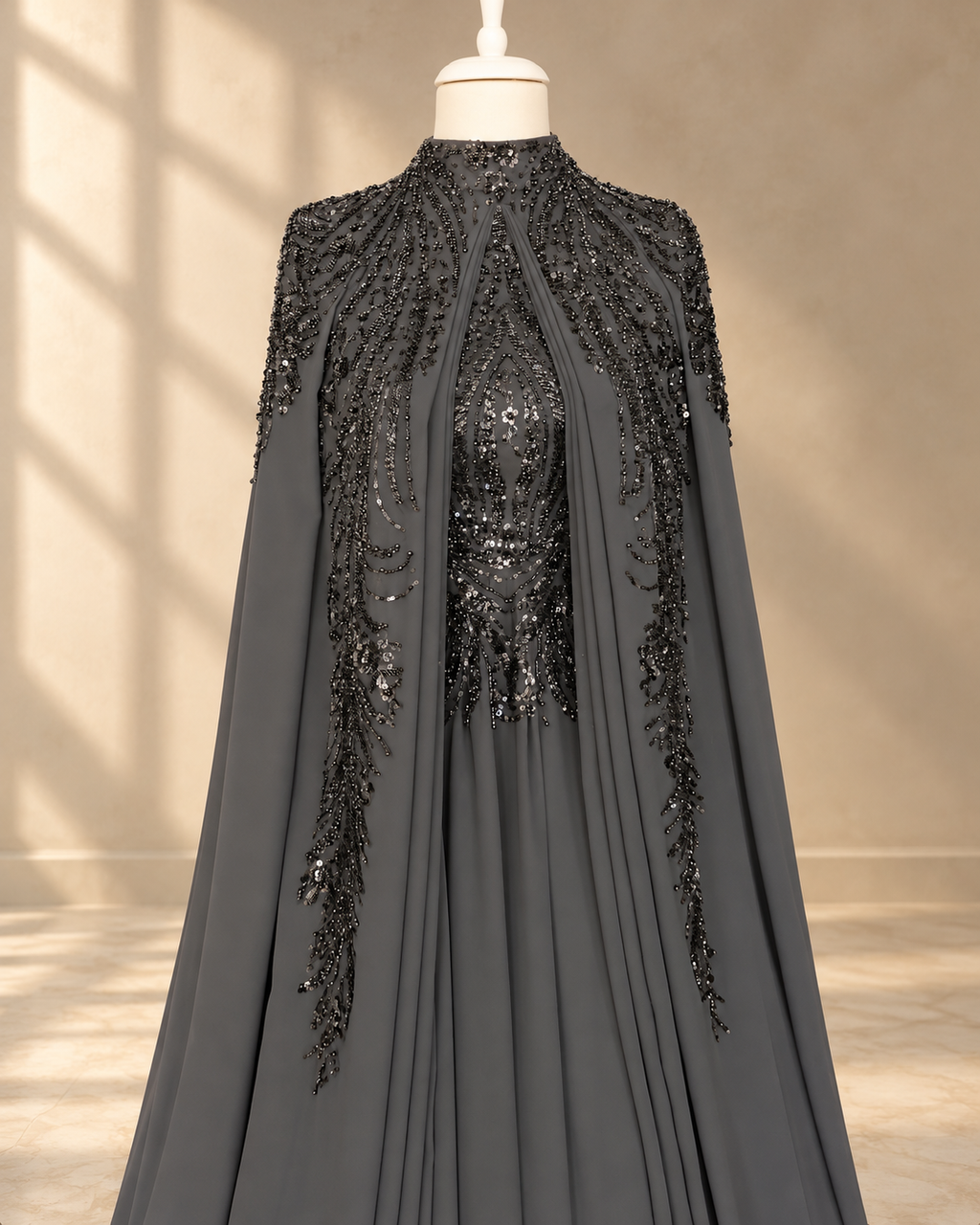 Front of the Selma: black beads and sequins branching down the cape edges over a beaded bodice and high collar