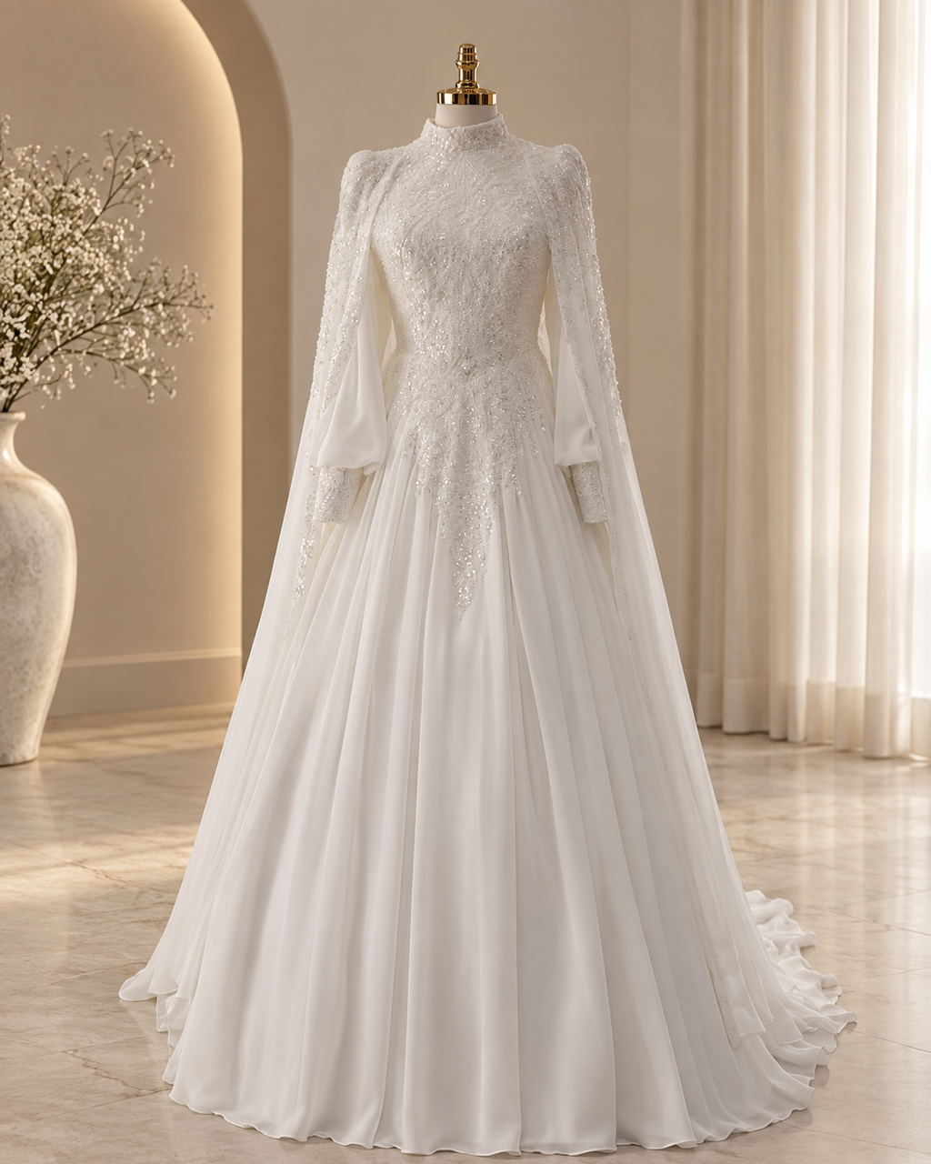 Shamaal ivory high neck Muslim wedding dress with beaded bodice, long sleeves and chiffon cape sleeves, front view