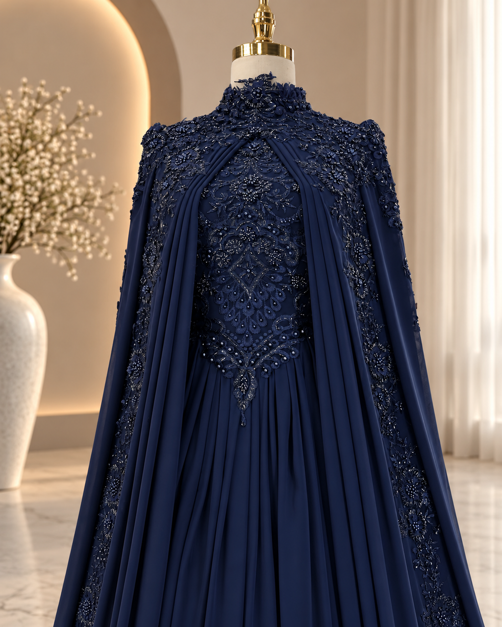 Amal navy wedding dress: close-up of the beaded bodice, high collar and chiffon cape