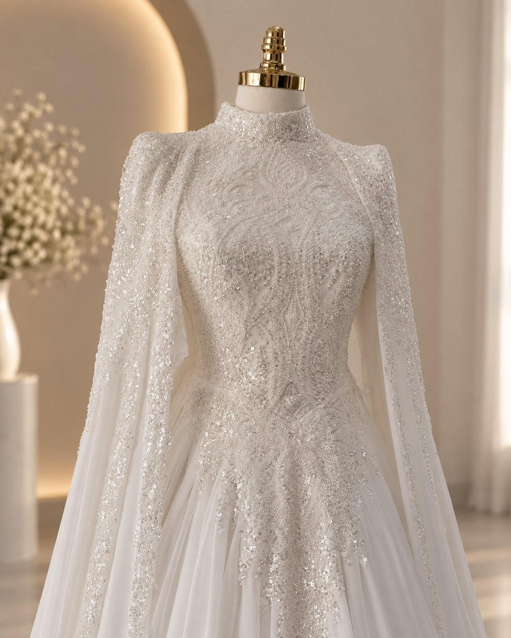 Shamaal wedding dress: close-up of the beaded high collar, sequin bodice and cape sleeves