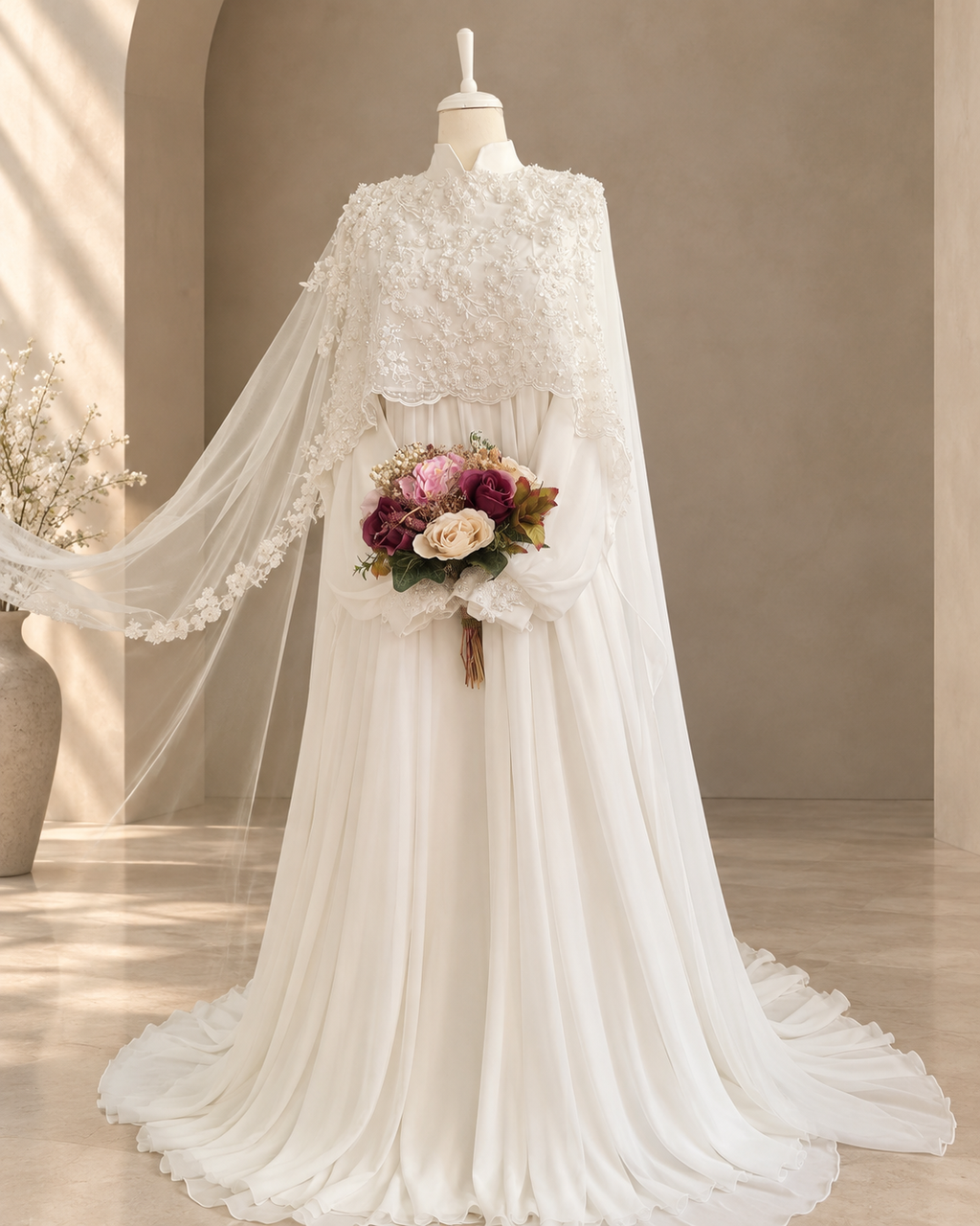 Beyza ivory gown at an angle: lace capelet over the shoulders, sheer lace-trimmed cape and a soft pleated skirt