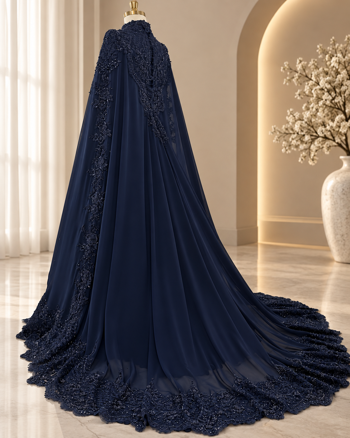Amal navy cape wedding dress from behind, showing the beaded cape edge and lace-trimmed train