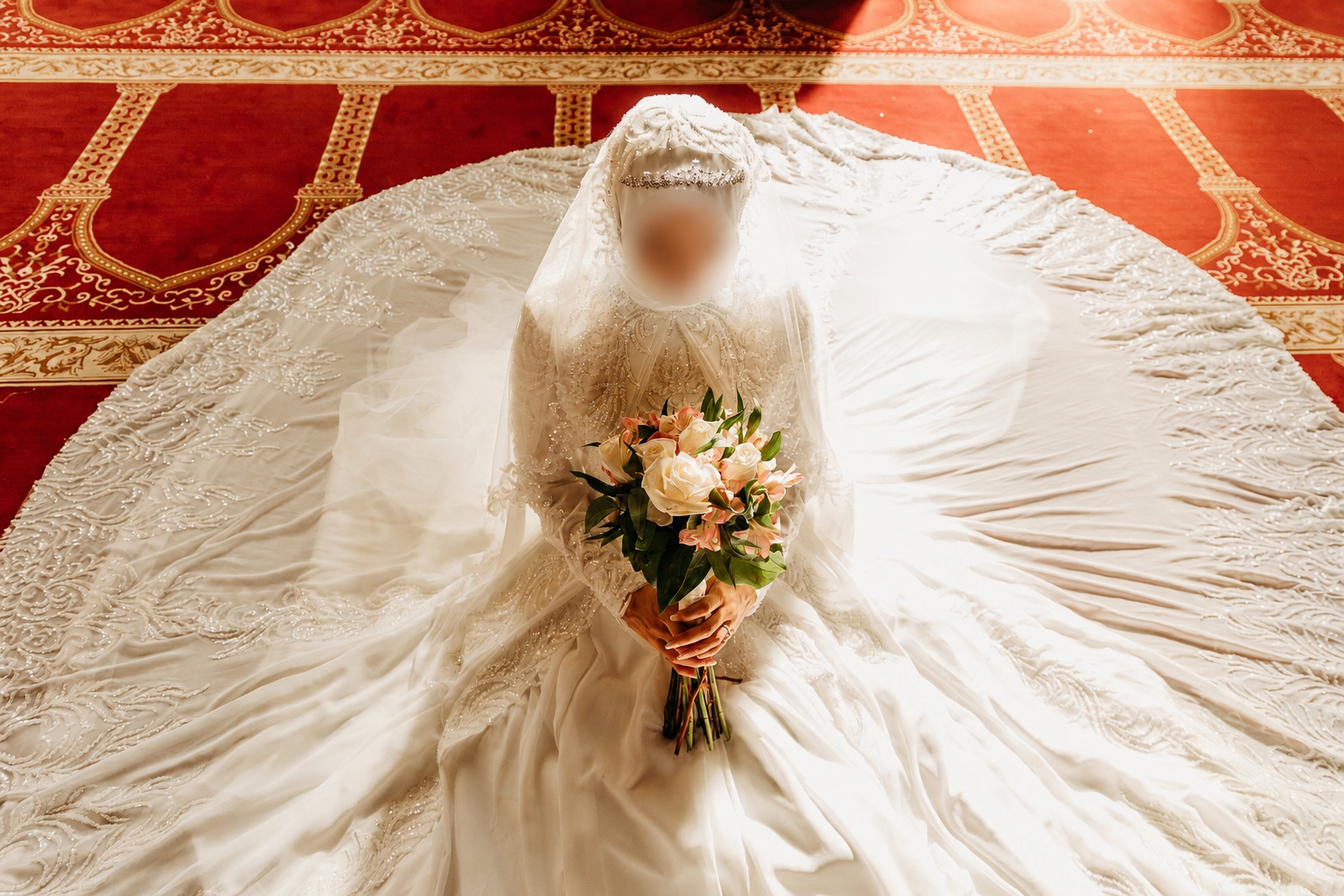 Hijabi in a white wedding dress holding a bouquet in a masjid on a red carpet
