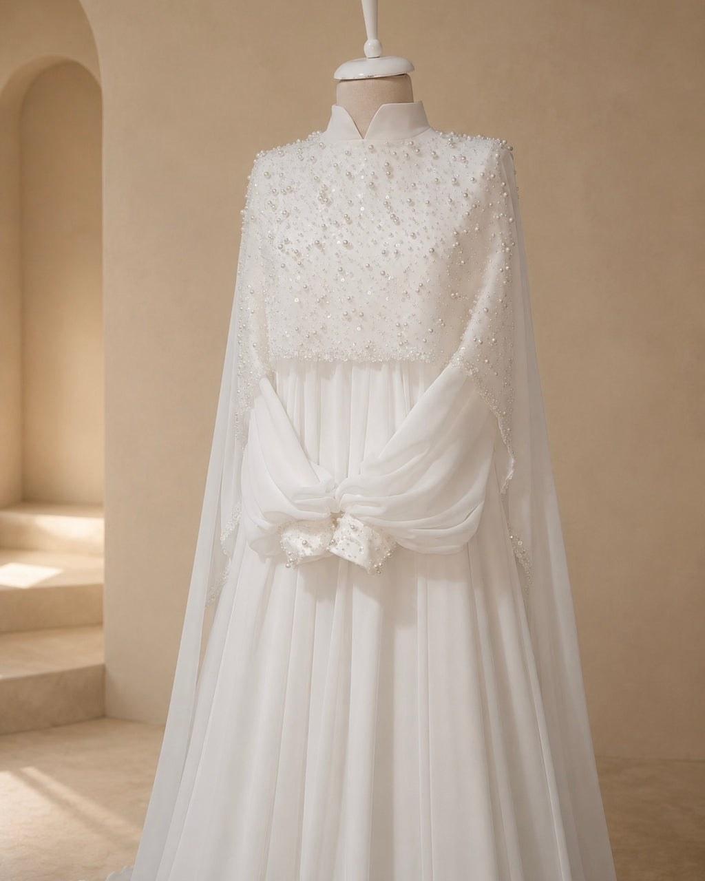 A white bridal gown displayed on a mannequin in a softly lit beige interior. The dress features a high neckline, a heavily embellished beaded bodice, sheer draped cap sleeves, and a gathered waist with a bow detail.