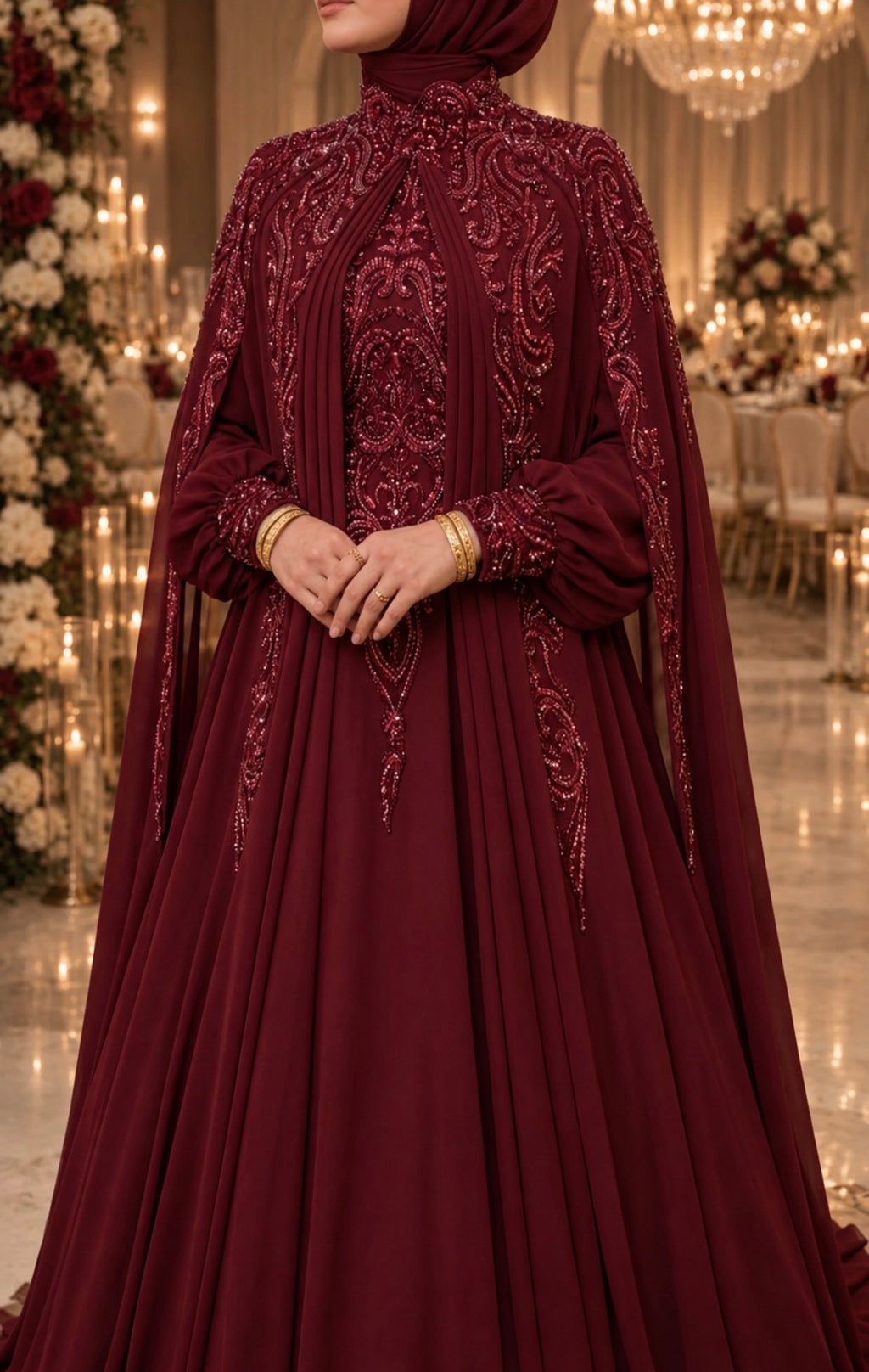 Close view of the Amani: tone-on-tone burgundy beading down the bodice and cape edges, full sleeves with beaded cuffs