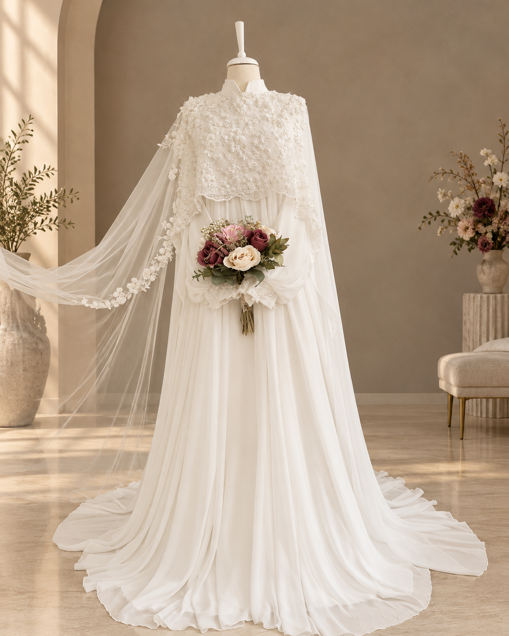Beyza ivory modest wedding dress with floral lace capelet, high collar, sheer lace-edged cape and pleated skirt
