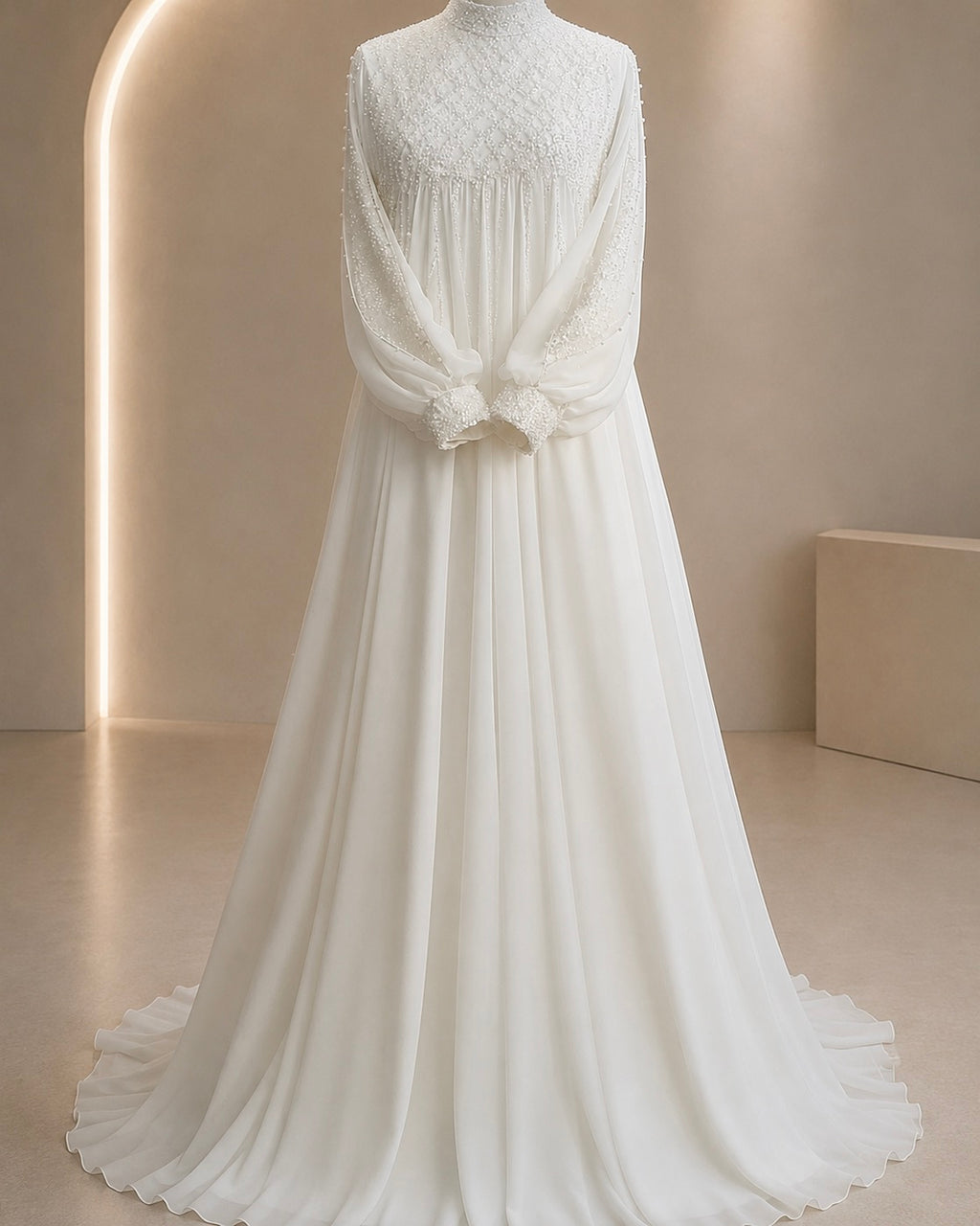 An elegant white wedding gown displayed on a mannequin in a minimalist, warm-toned studio setting. The dress features a high-neck bodice with intricate lace applique, long sheer balloon sleeves with tied cuffs, and a flowing A-line skirt with a subtle train.