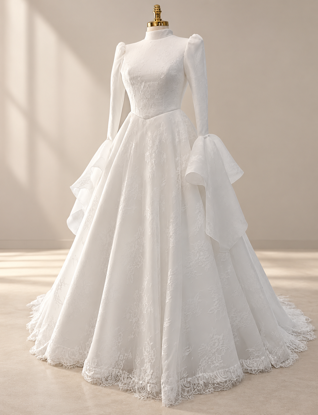 Habiba from the side: cascading ruffle at the hip and a scalloped lace hem