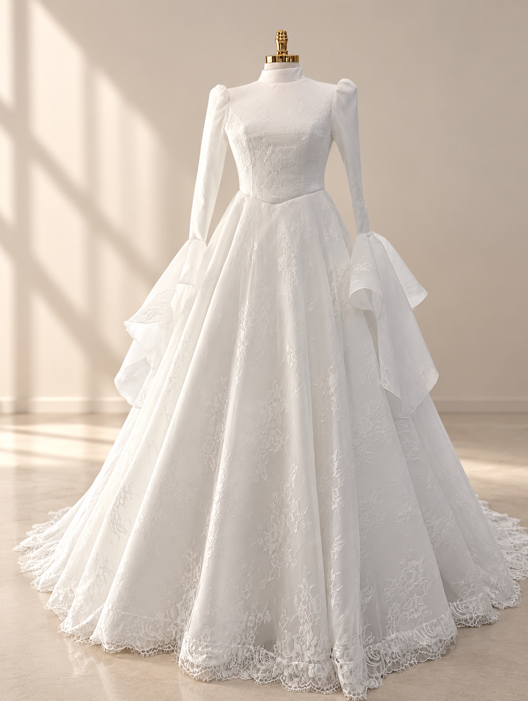 Habiba white lace gown at three-quarter view, showing the side ruffle and sweeping train