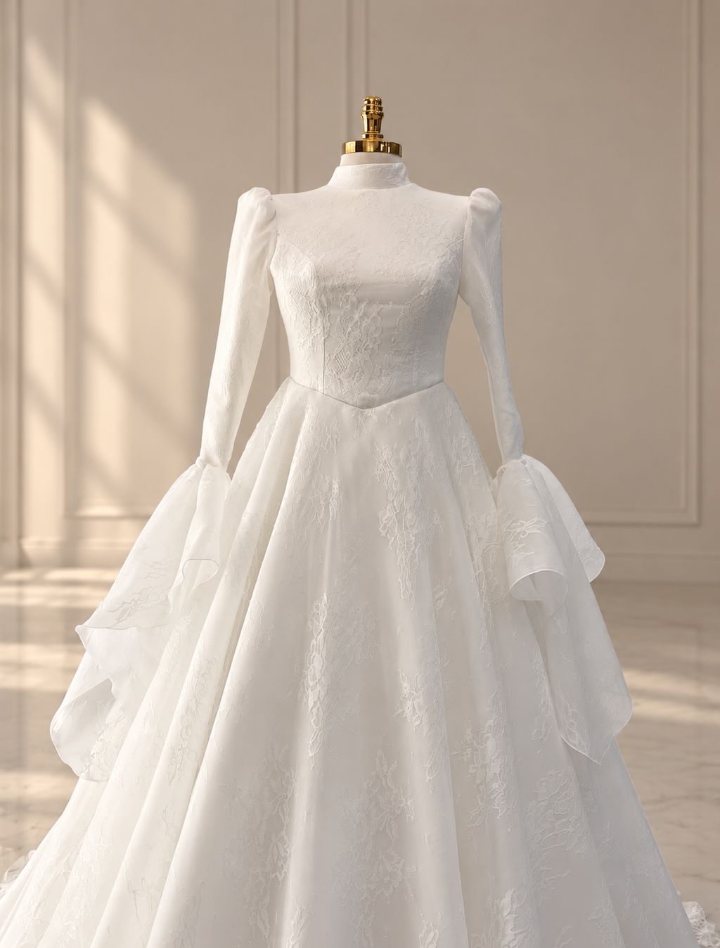 Front of the Habiba: fitted lace bodice with a pointed waist, puffed shoulders and ruffled cuffs
