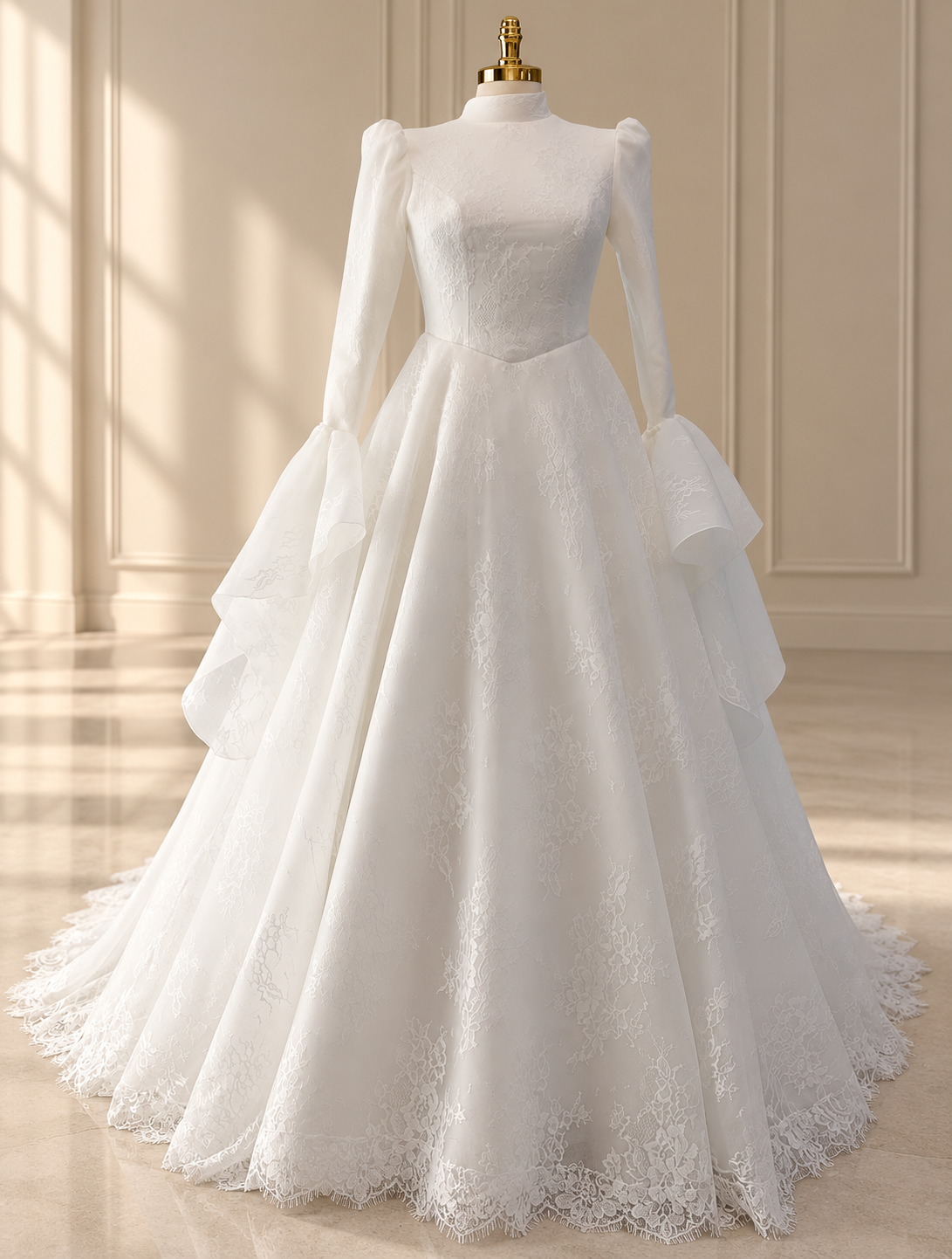Habiba white lace Muslim wedding dress with high neck, puffed shoulders, ruffled cuffs and full A-line skirt