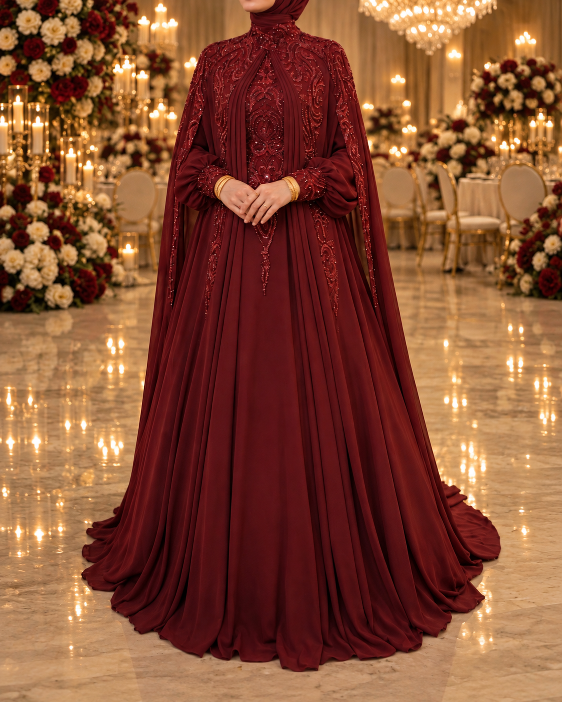 Amani burgundy modest evening gown with high beaded collar, beaded cuffs, floor-length cape and matching hijab