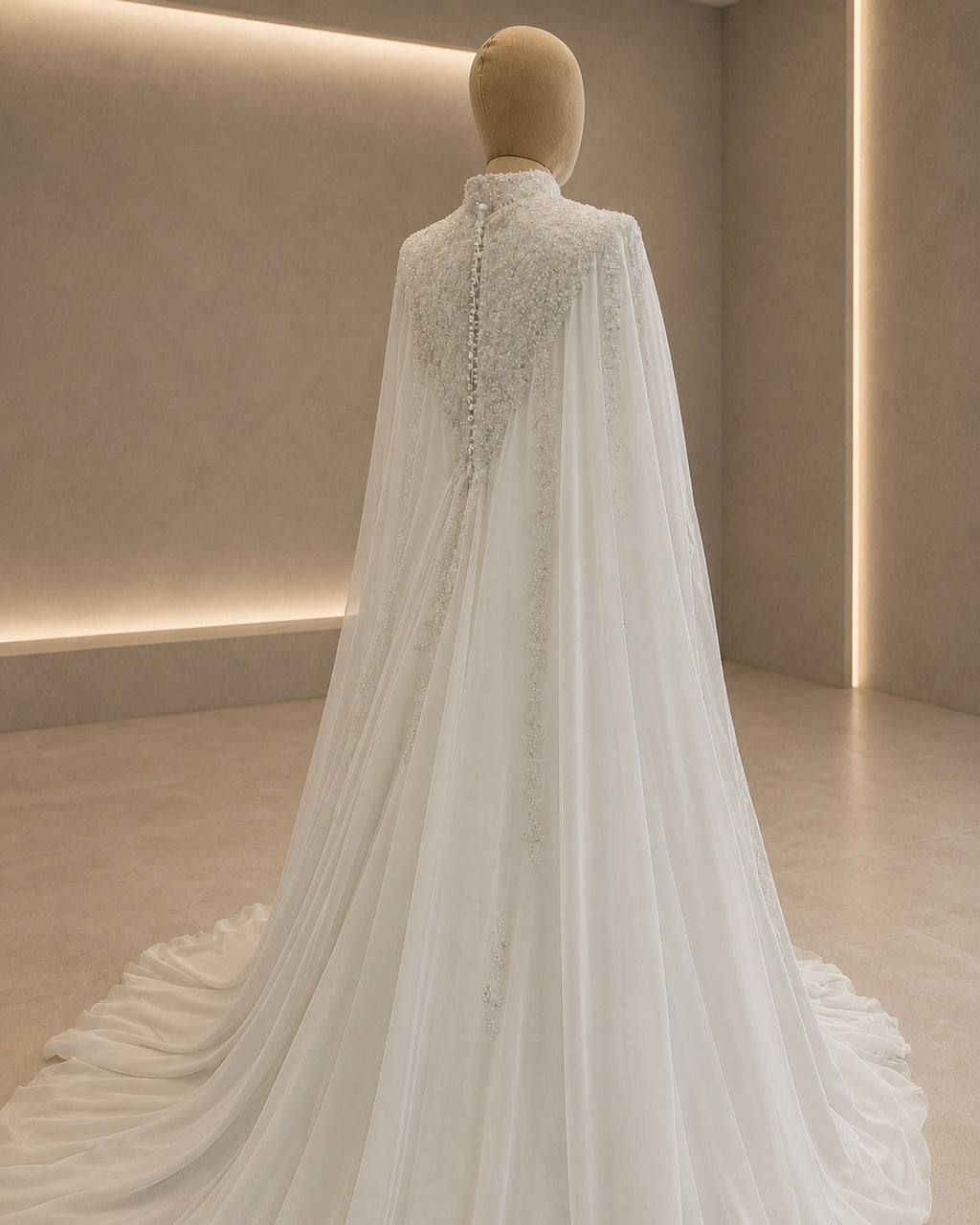 White cape with intricate detailing on a mannequin against a neutral background