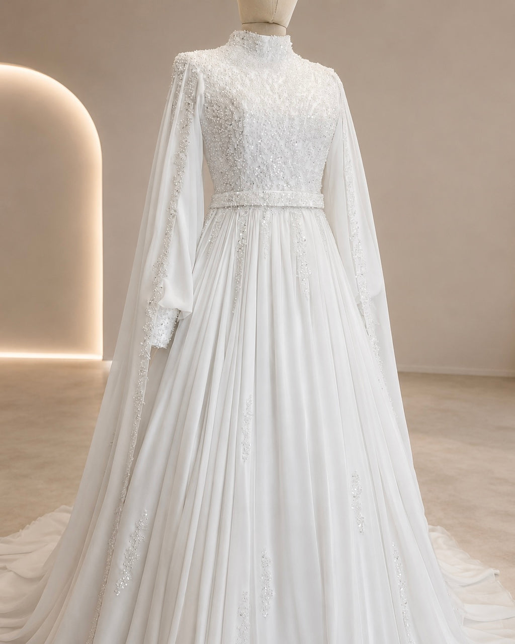 White wedding dress with long sleeves on a mannequin against a neutral background