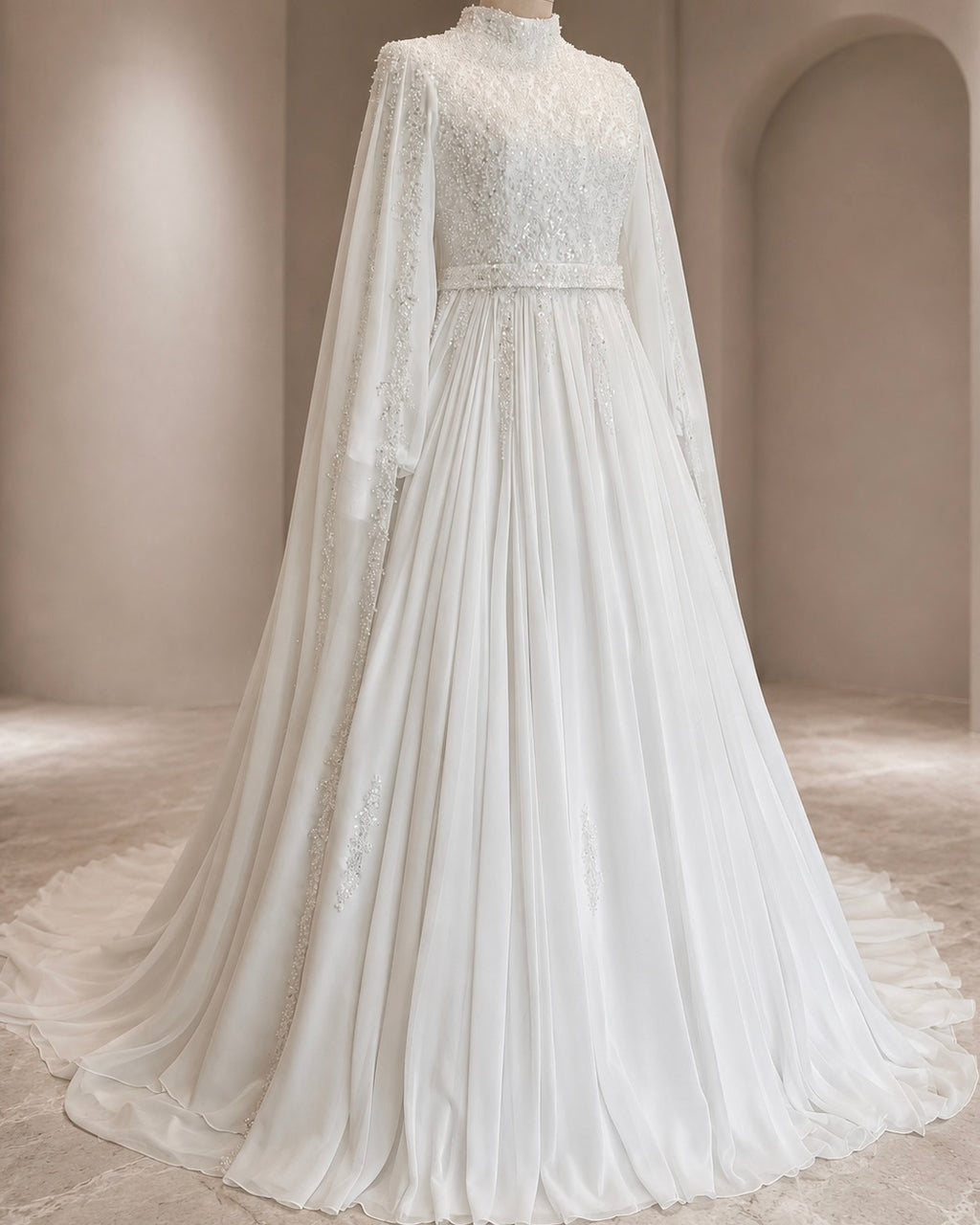 Elegant white wedding dress with a long train and lace details on a neutral background
