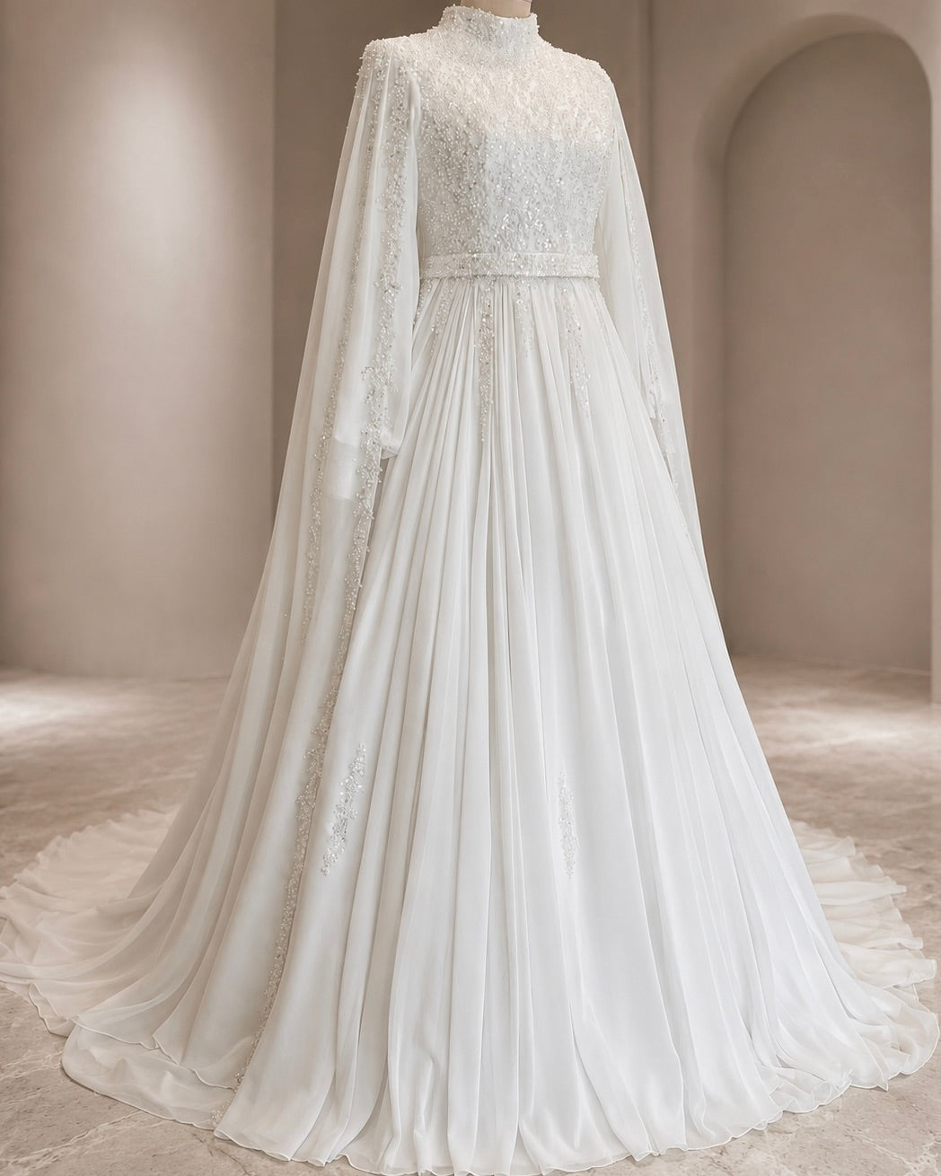 Elegant white wedding dress with a long train and lace details on a neutral background