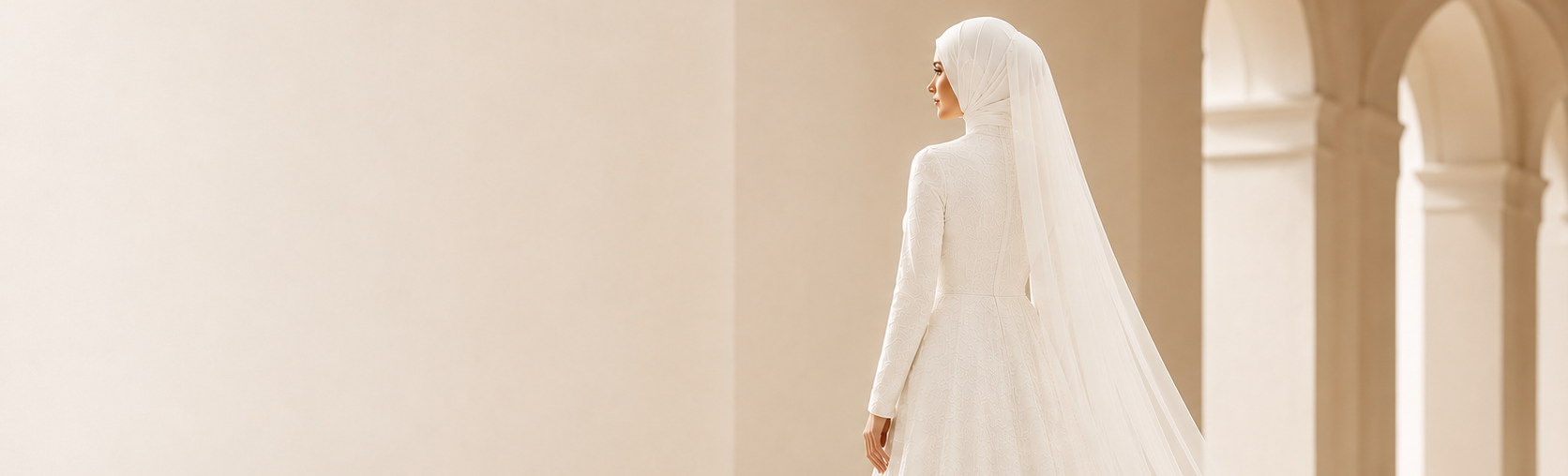 Woman in a white wedding dress with a long veil standing in a sunlit hallway.