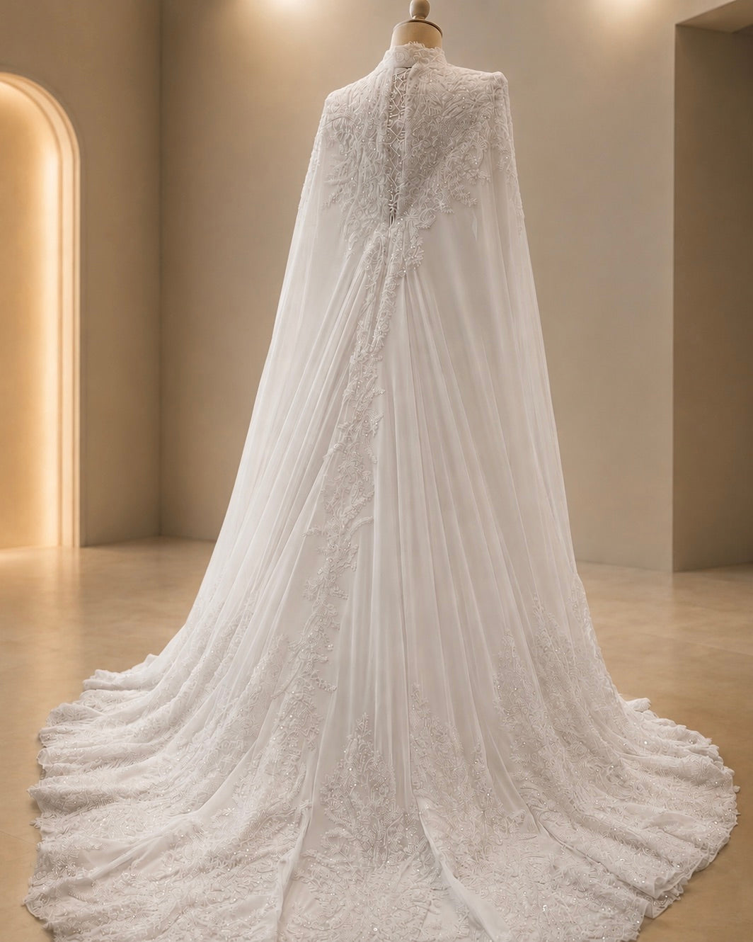 White lace wedding dress on a mannequin against a neutral background