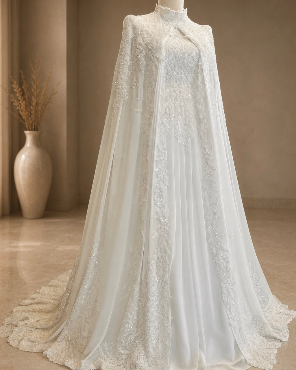 White lace cape on a mannequin against a beige wall with a vase in the background.