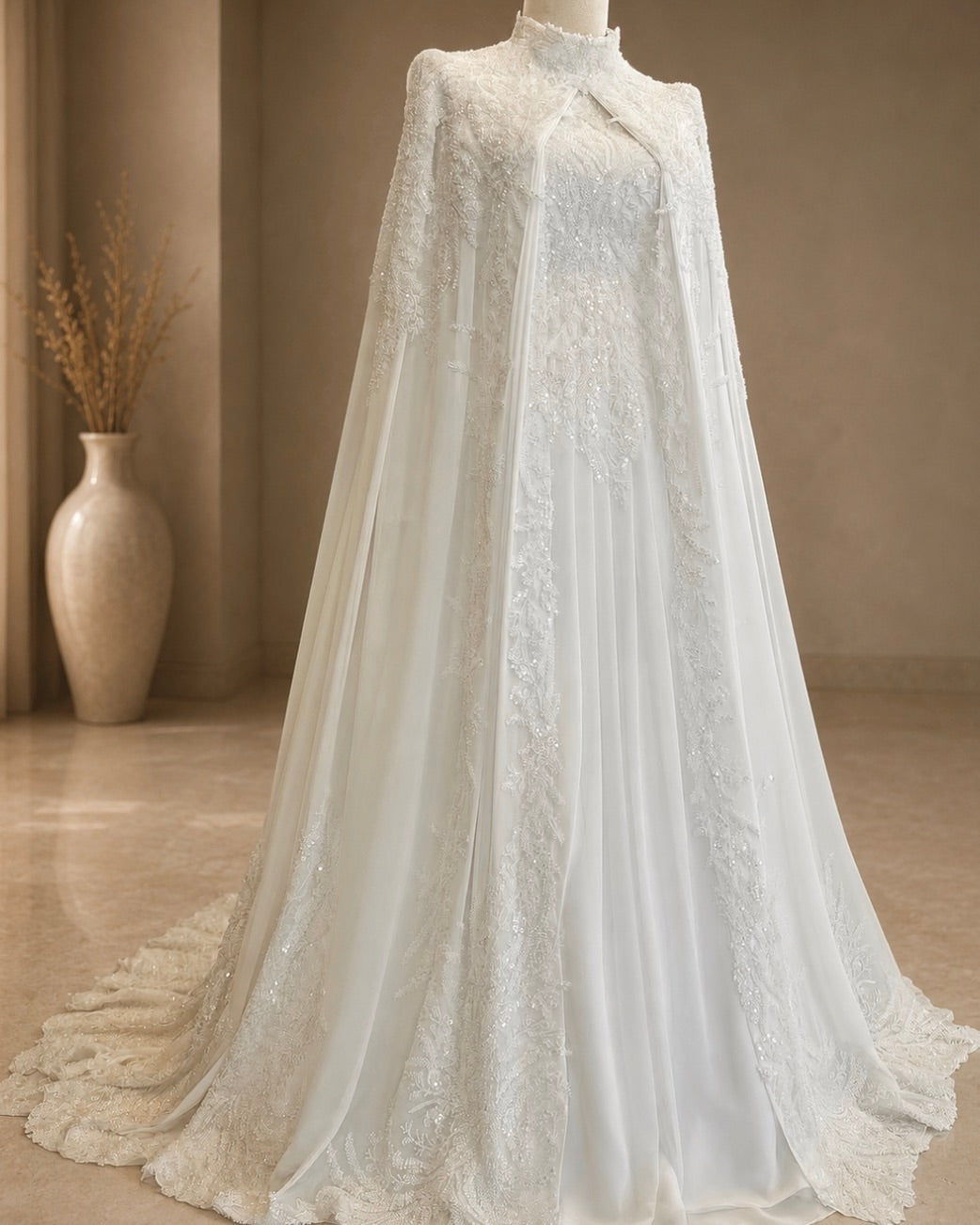 White lace cape on a mannequin against a beige wall with a vase in the background.