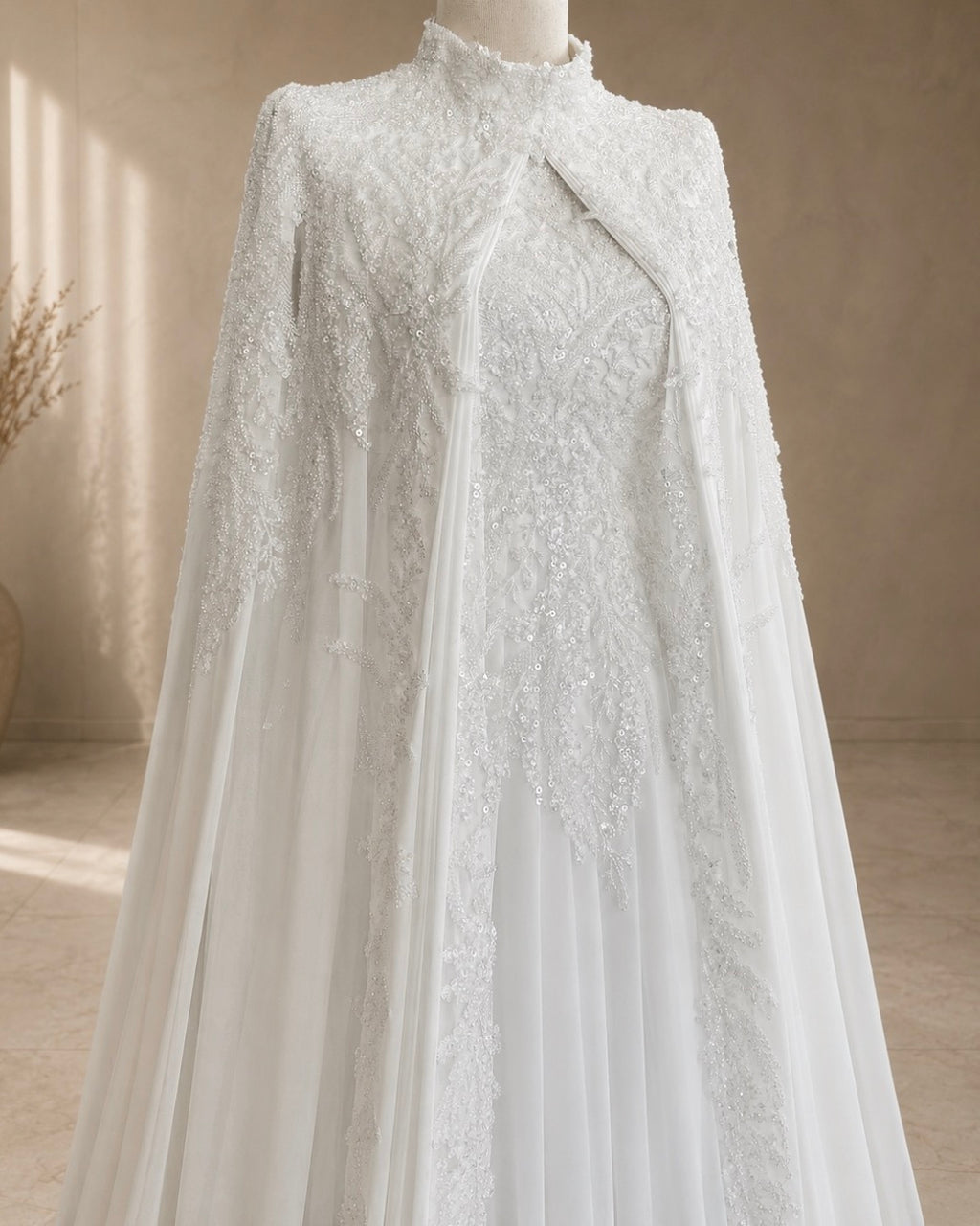 White lace wedding dress with a cape on a mannequin against a beige wall.