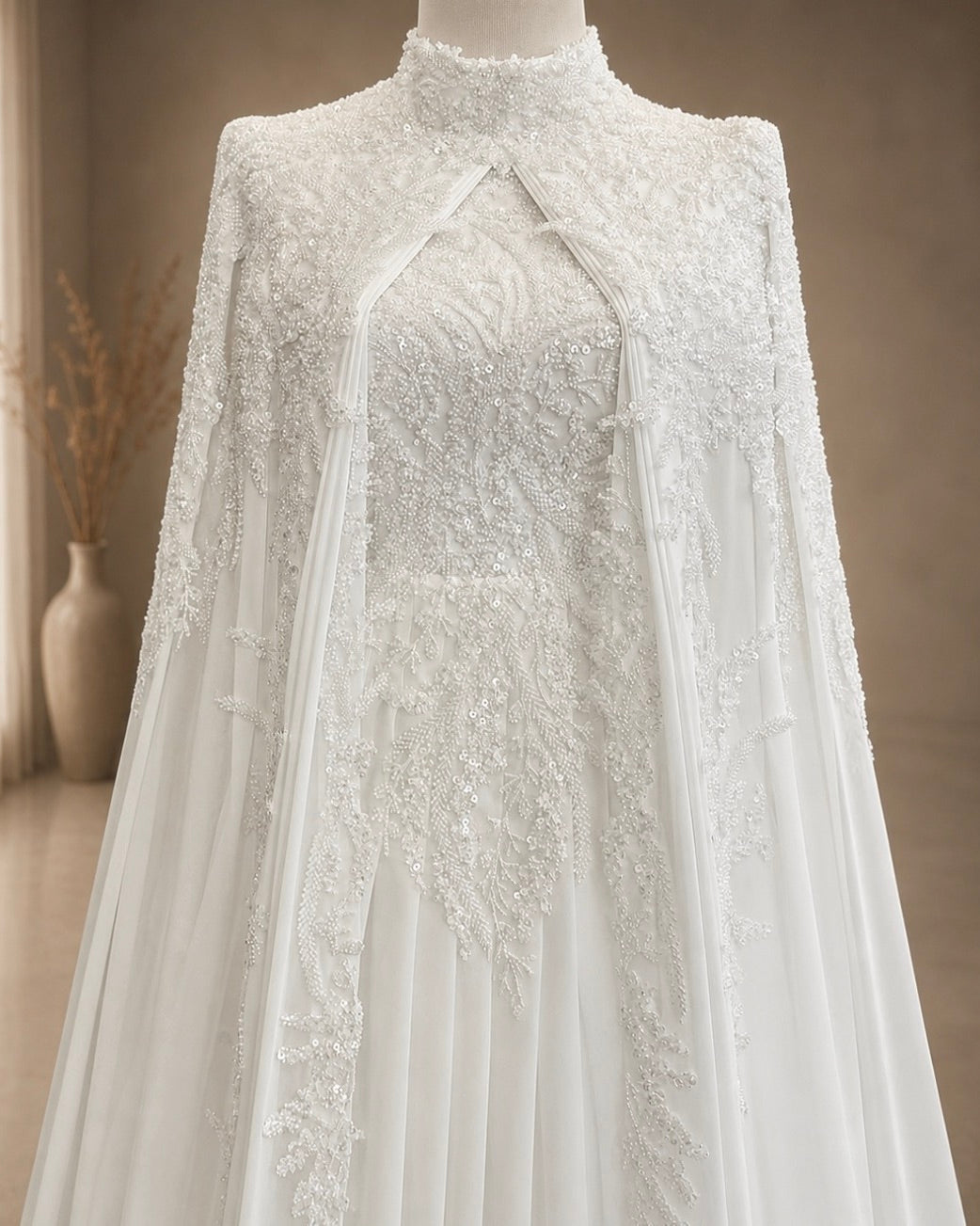 Elegant white lace dress on a mannequin against a neutral background