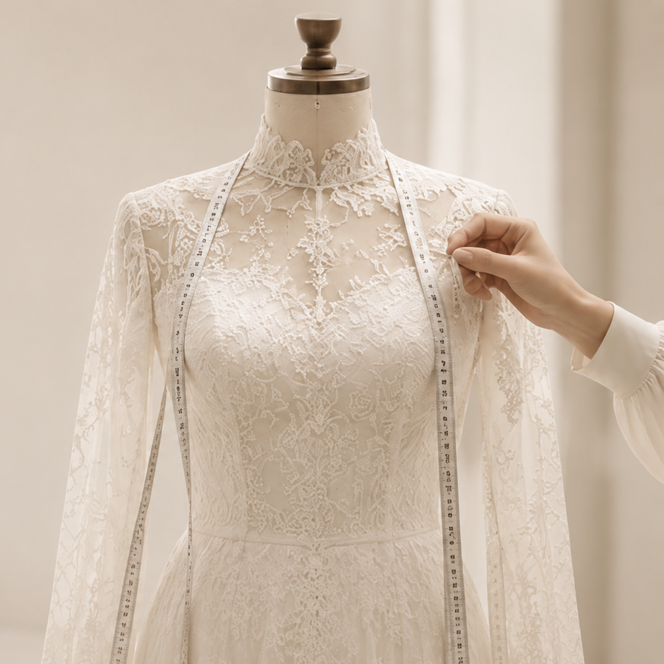 White lace dress on a mannequin against a neutral background