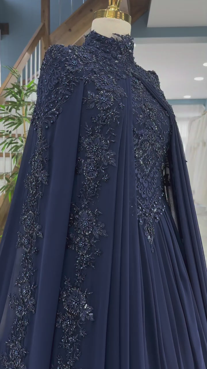 Amal navy cape Muslim wedding dress video