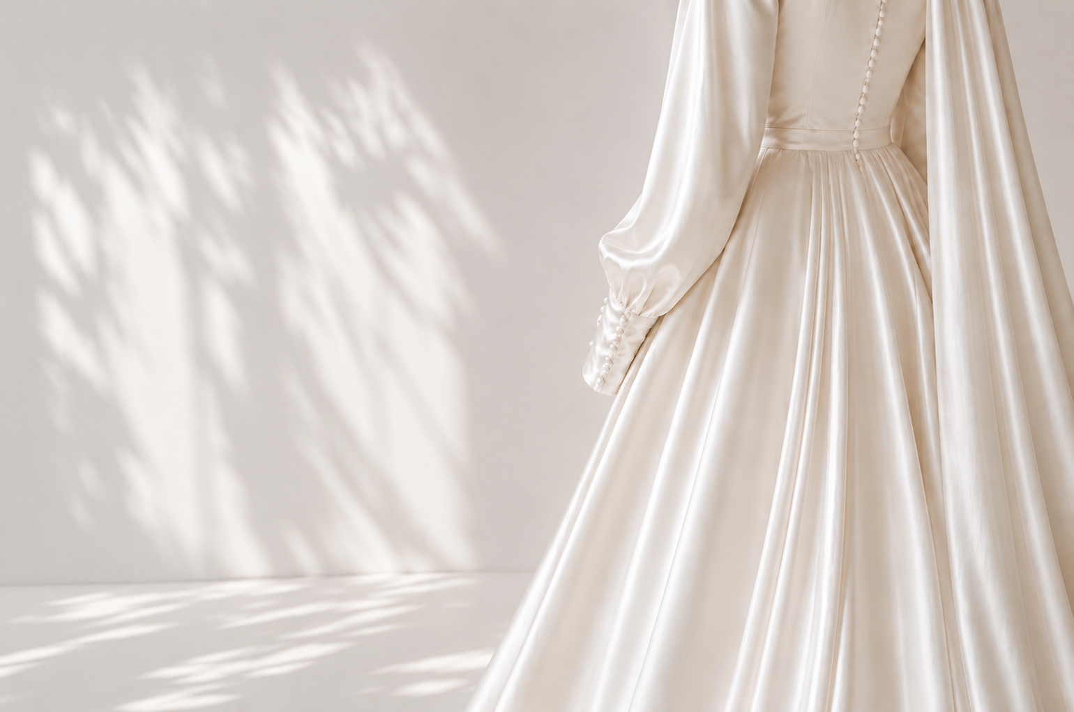 White wedding dress with long sleeves on a light background