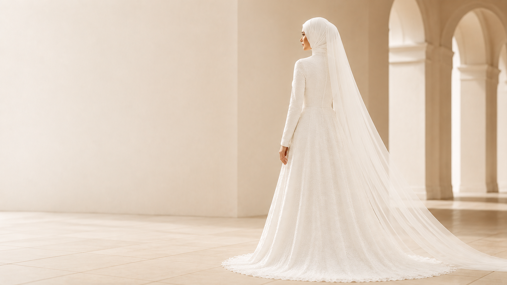 Woman in a white wedding dress with a long veil standing in an elegant hallway.